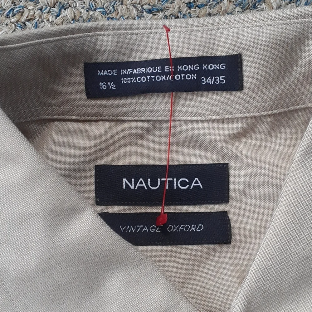 Nautica Beige Vintage Oxford Khaki Long Sleeve Button Down Dress Shirt SIZE 16.5